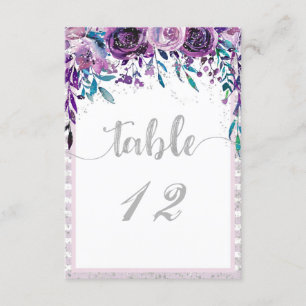Números de mesa de boda florales púrpura y platead