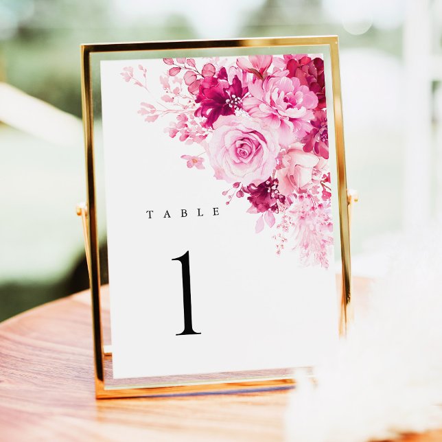 Números de mesa de boda florales rosa caliente (Hot Pink Floral Wedding Table Numbers, Elegant Fuchsia Rose Reception Table Number Card, Gold Decor)
