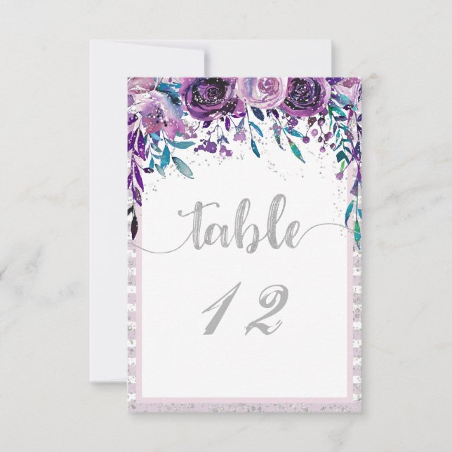 Números de mesa de boda florales y plateados (Anverso)