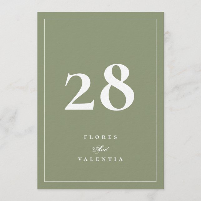 Números de mesa de boda formales de musgo verde 5  (Anverso)