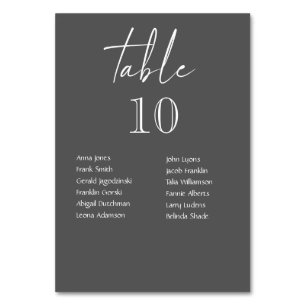 Números de mesa de boda grises con nombres de invi