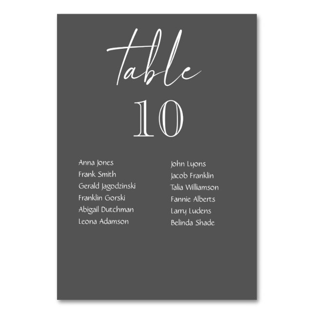 Números de mesa de boda grises con nombres de invi (Anverso)