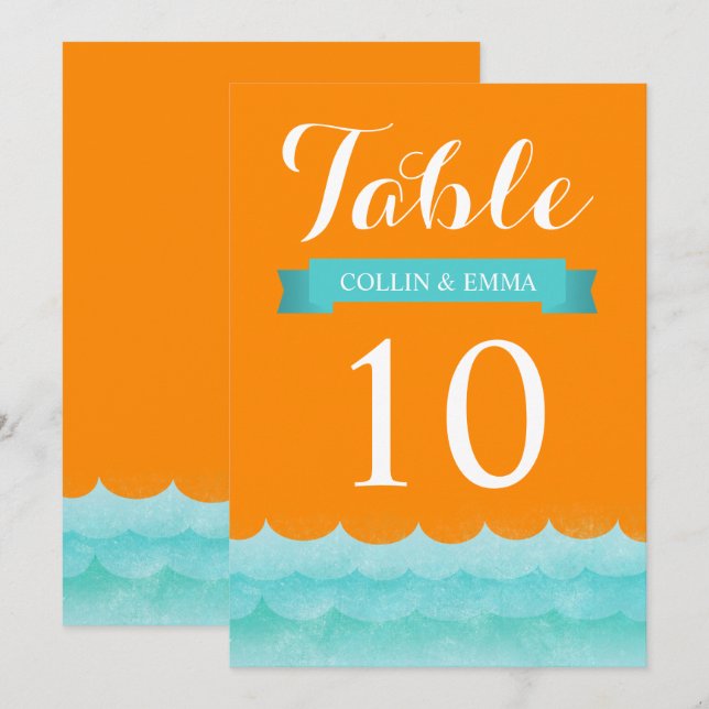 Números de Mesa de Boda Náutica Naranja en el Mar (Anverso / Reverso)