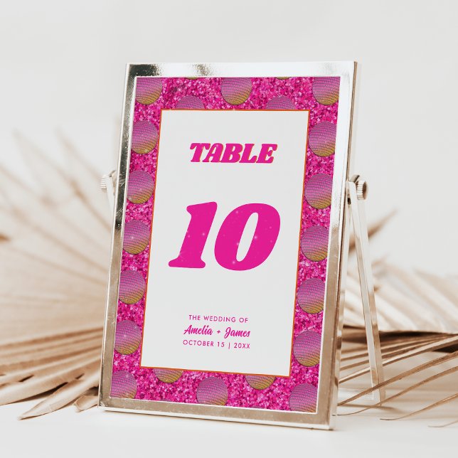 Números de mesa de boda rosa bola de discoteca dob (Front)