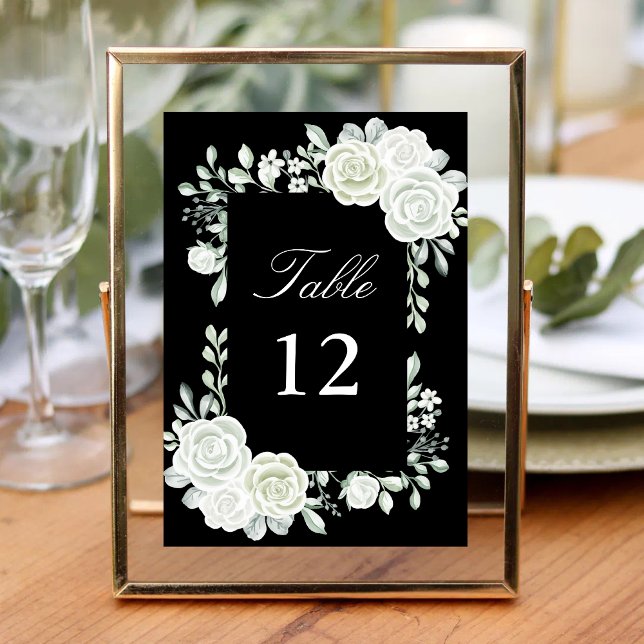Números de Mesa de Boda Rosas Blancas Góticas Negr (Black gothic white roses table numbers add dramatic elegance to wedding seating.)