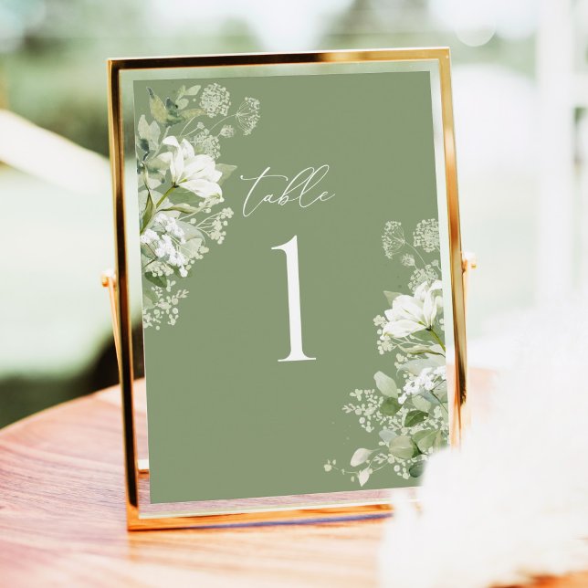 Números de Mesa de Boda Verde Salvia, Vegetación O (Sage green organic greenery wedding table numbers in gold frame for elegant garden wedding reception)