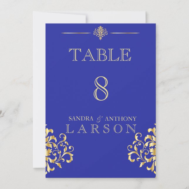Números de mesa de damasco dorado y azul elegante (Anverso)