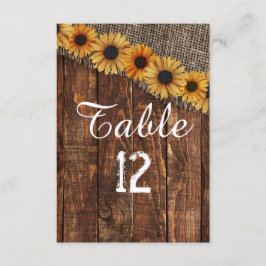 Números de mesa de girasoles de arpillera de mader