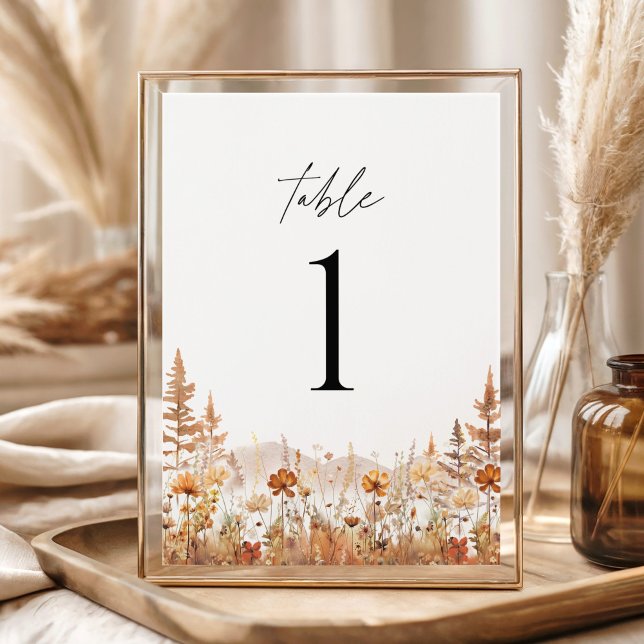 Números de Mesa de Montaña de Flores Silvestres de (Terracotta wildflower mountain wedding table numbers, elegant boho rustic table decor in gold frame)