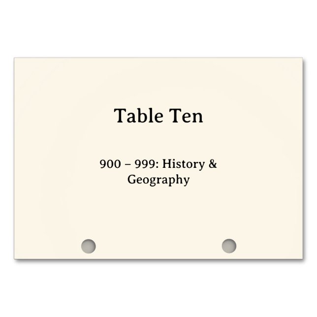 Números de mesa del catálogo de tarjetas del siste (Anverso)