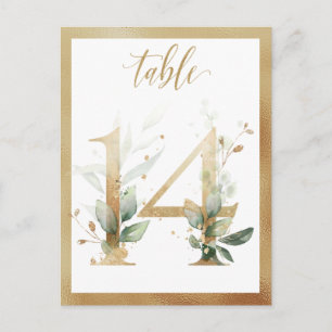 Números de mesa dorados con follaje verde, tarjeta