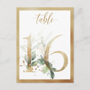 Números de mesa dorados con follaje verde, tarjeta