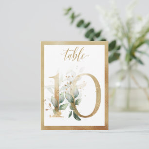 Números de mesa dorados con follaje verde, tarjeta