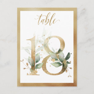 Números de mesa dorados con follaje verde, tarjeta