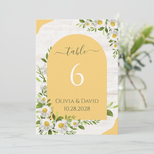 Números de mesa florales boho amarillos blancos (Anverso de pie)