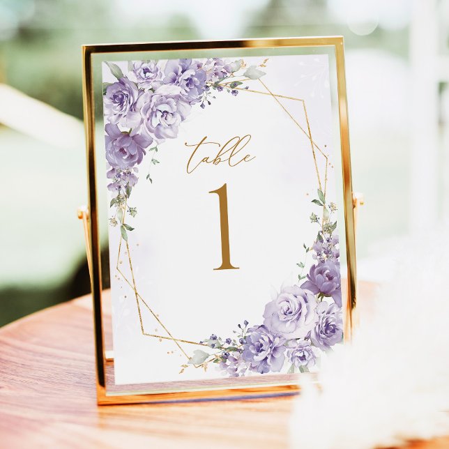 Números de mesa geométricos dorados florales de la (Lavender Floral Gold Geometric Wedding Table Number, elegant purple rose wedding table numbers)