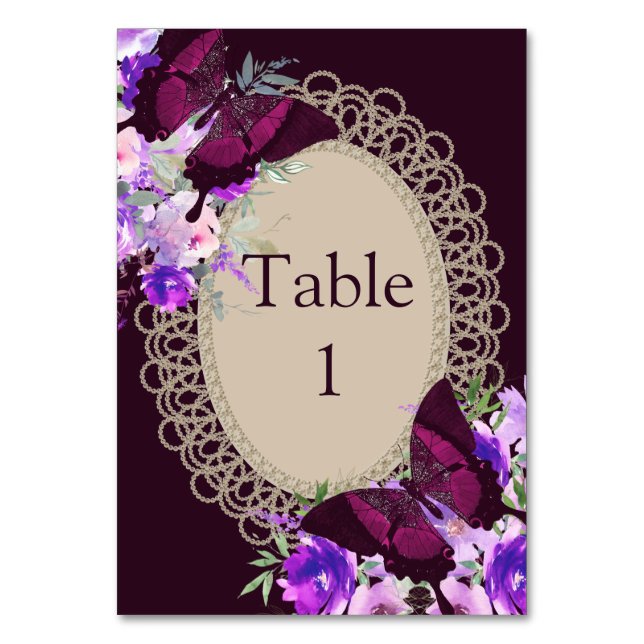 Números de mesa glamurosos con encaje púrpura Tarj (Anverso)