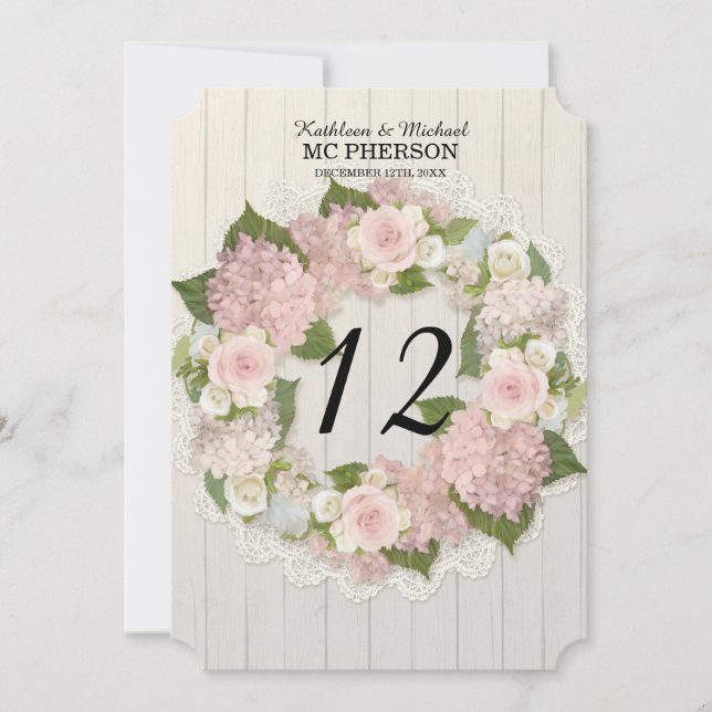 Números de Mesa Hortensia Rosa Encaje Madera Rústi (Anverso)