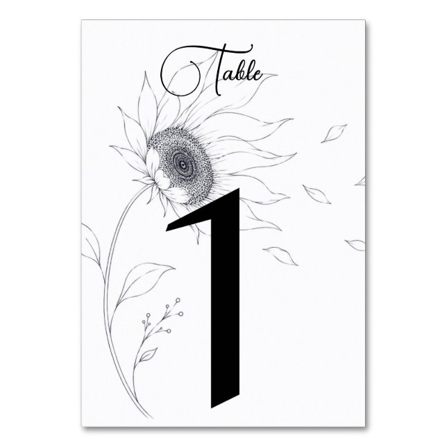 Números de mesa minimalistas de girasol para boda (Anverso)