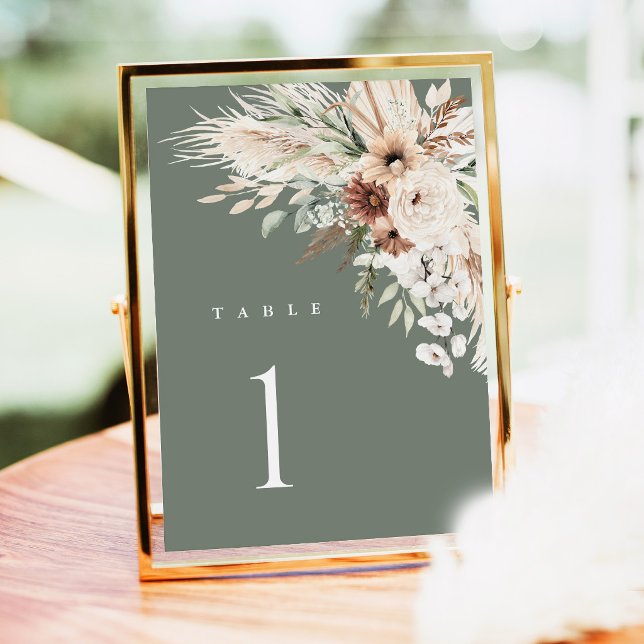 Números de mesa para boda boho, floral de hierba d (Sage Green Boho Wedding Table Number Card, Pampas Grass Floral Reception Gold Decor Table Numbers)