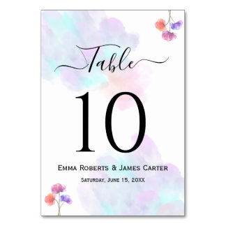Números de mesa para boda con acuarela rosa y azul