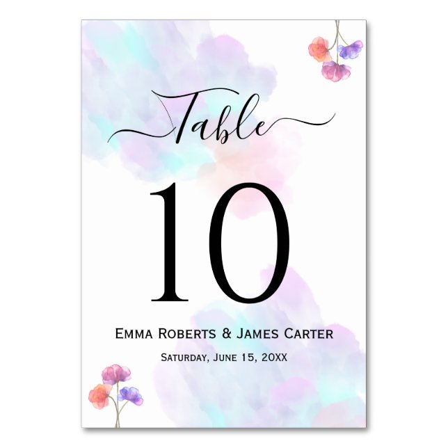Números de mesa para boda con acuarela rosa y azul (Anverso)