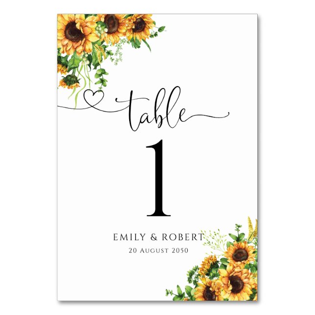 Números de mesa para boda de girasoles (Anverso)