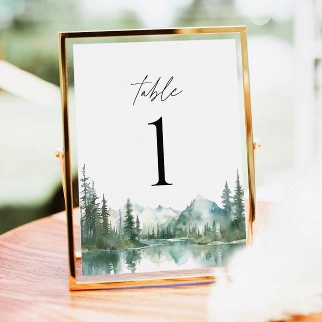 Números de mesa para boda en bosque junto al lago (Mountain Lake Wedding Table Numbers, Watercolor Forest Reception Gold Decor, Woodland Table Number)