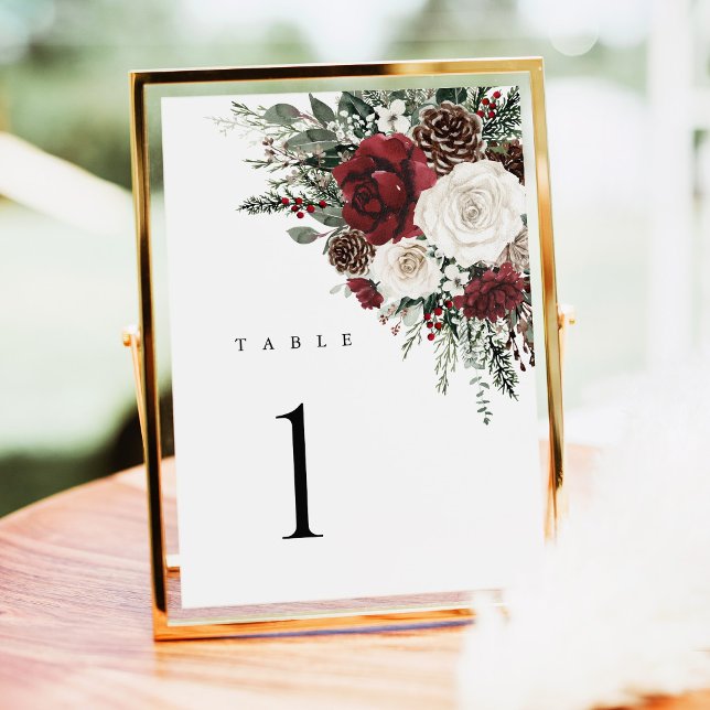 Números de Mesa para Boda Floral de Invierno Borgo (Burgundy winter floral wedding table numbers card elegant holiday table number reception decor)
