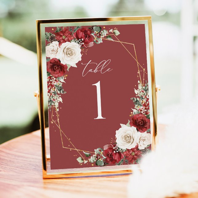 Números de mesa para boda floral de invierno en or (Burgundy gold winter floral wedding table numbers, elegant geometric reception centerpiece sign)