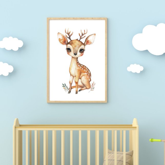 Nursera de acuarela de ciervo para bebés Impresión (Baby Deer Woodland Animal Baby Nursery Print. Digital Download or Printed from Zazzle. up to 30x40 )