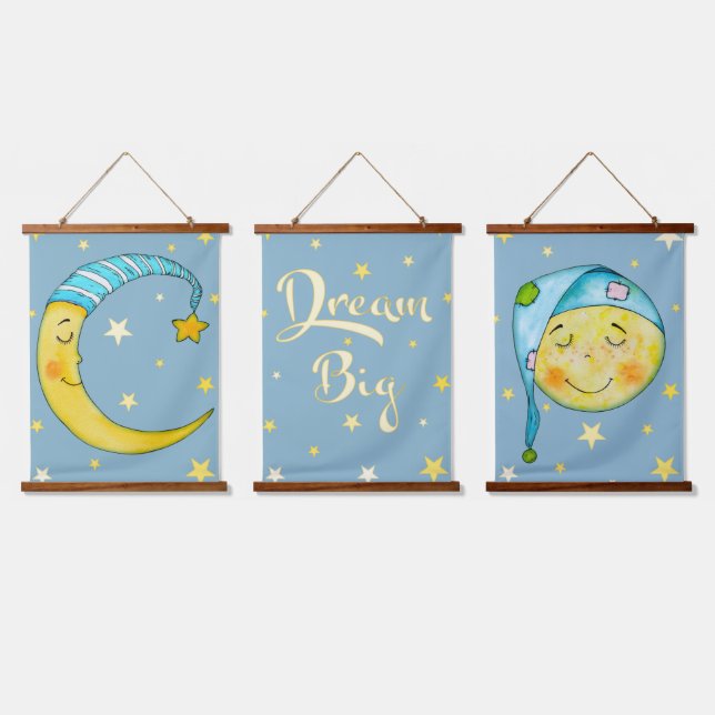 Nursery Wall Art Moon Stars Tapiz Azul Amarillo (Triple)