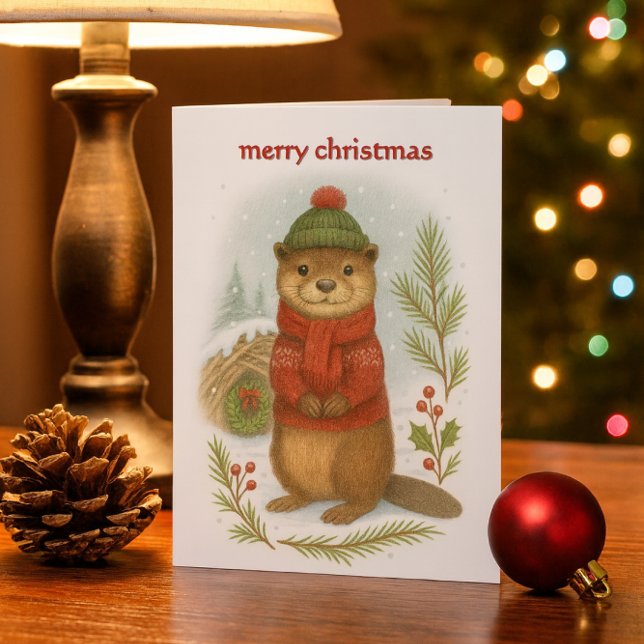 Nutra de Navidad caprichosa  (“Woodland otter Christmas card with cozy winter scene—festive, kid-friendly, and nature inspired.”)