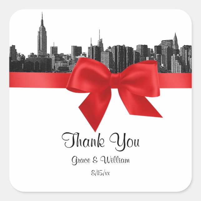 NYC Ancho Skyline Etched BW Etiqueta De Favor Rojo (Anverso)
