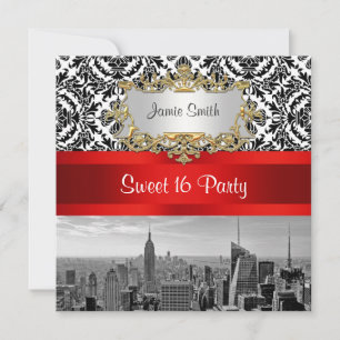 NYC Skyline BW 432 Damask - Invitación de Fiesta d