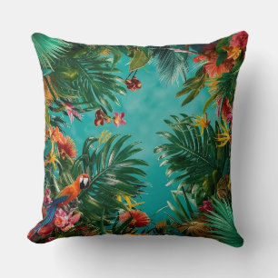 Oasis tropical: hojas de palmera y almohadas de lo