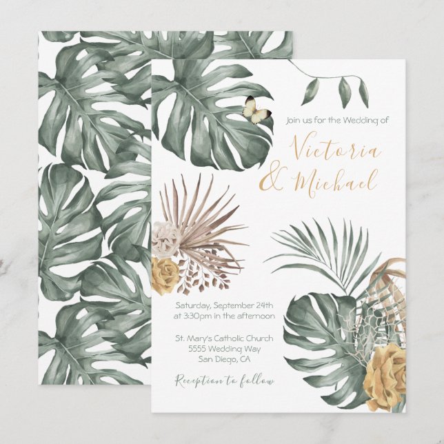 Oasis tropical Invitación de casamiento con hojas  (Anverso / Reverso)