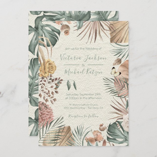 Oasis tropical Invitación de casamiento con hojas  (Anverso / Reverso)