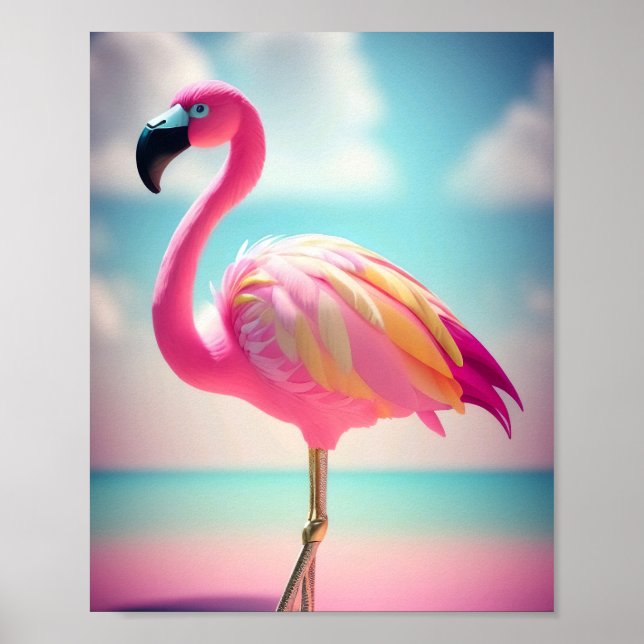 Obra de arte azul pastel y flamingo rosa (Frente)