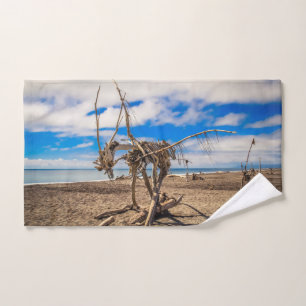 Obra de arte en la playa de Hokitika, Nueva Zeland