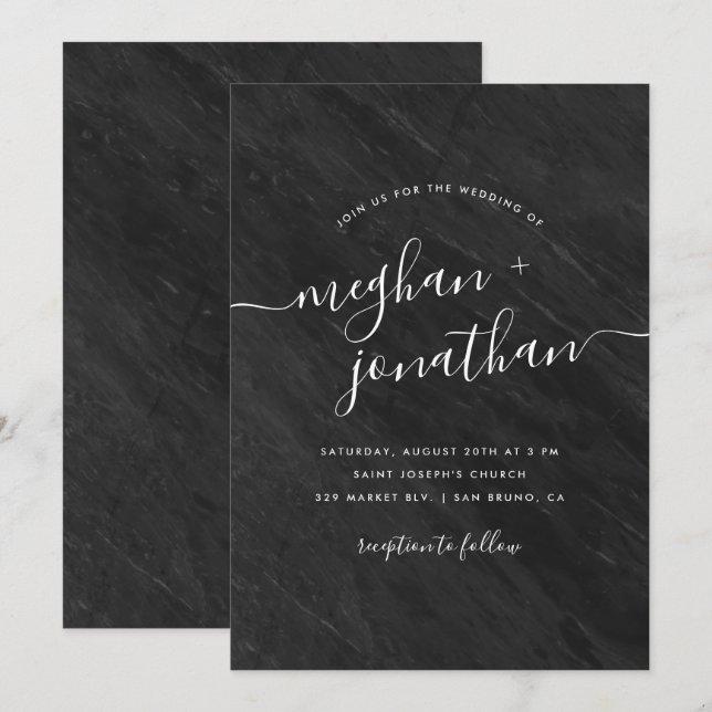 Obsidian | Invitación a la boda de mármol negro (Anverso / Reverso)
