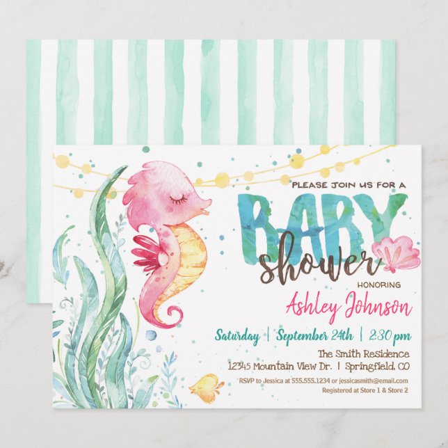 Ocean Baby Shower, invitación al caballito de mar  (Anverso / Reverso)