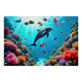 Ocean Life with Dolphin and Coral Reef Poster