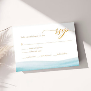Ocean Watercolor Gold Script Beach Wedding RSVP