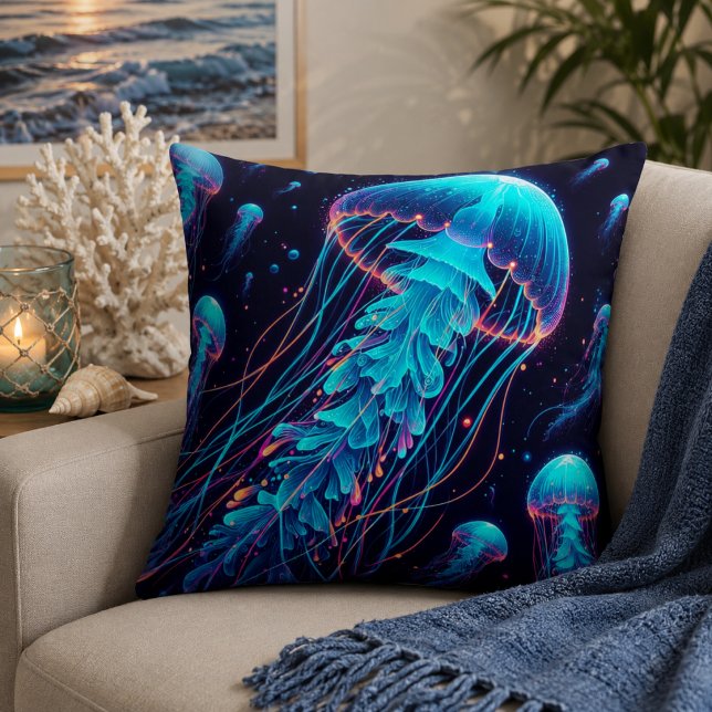 Océano brillante: Cojines decorativos inspirados e (Glowing Ocean: Jellyfish Inspired Throw Pillows)