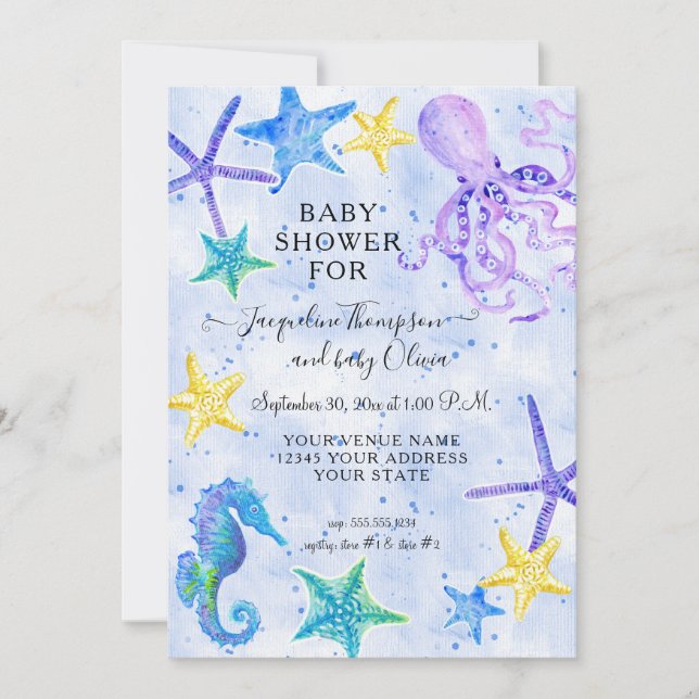 Octopus Seahorse Starfish Beach Blue Baby Shower (Anverso)