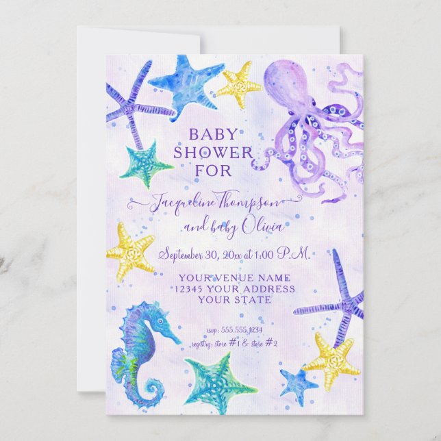 Octopus Seahorse Starfish Beach Purple Baby Shower (Anverso)