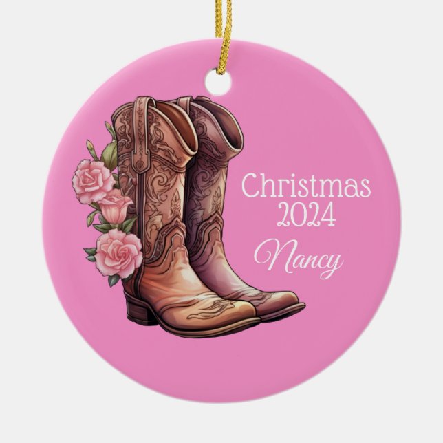 Oeste de Cowgirl Boots Rosas Ornamento de Navidad (Frente)