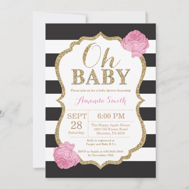 Oh Baby Black and Gold Invitación a Baby Shower (Anverso)