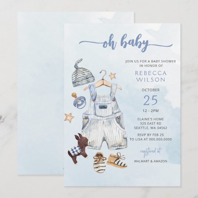 Oh Baby Blue Boho Boy Invitación de Baby Shower (Anverso / Reverso)